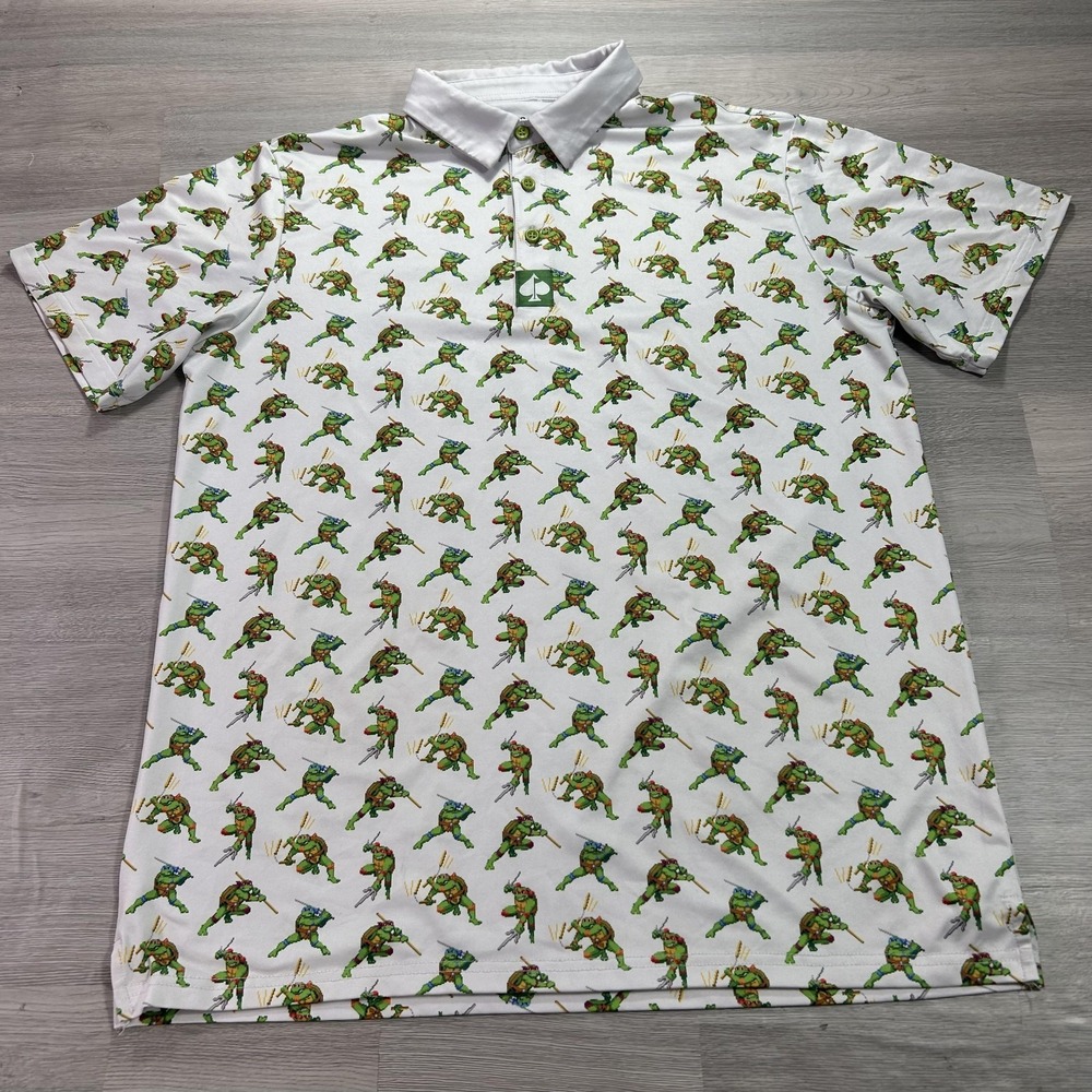 Pins & Aces Polo Shirt Mens Large White Teenage Mutant Ninja Turtles AOP Golf